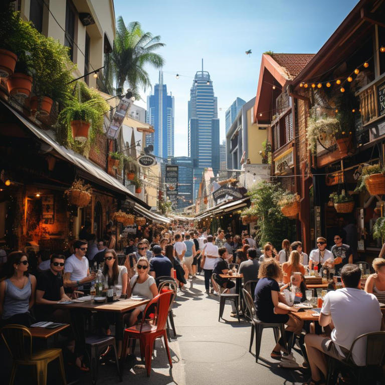 A culturally diverse city street with many people sitting at tables, embracing the vibrant fusion of Melbourne and Kuala Lumpur.