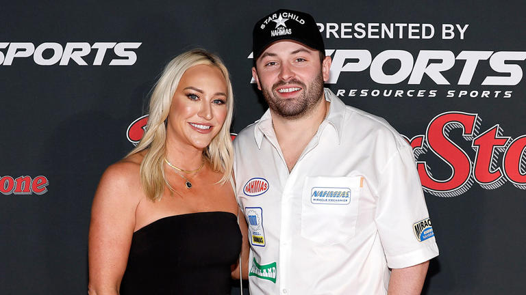 Emily Wilkinson and Baker Mayfield attend the 2023 Rolling Stone Super Bowl Party at The Clayton House Feb. 10, 2023, in Scottsdale, Ariz. Getty Images