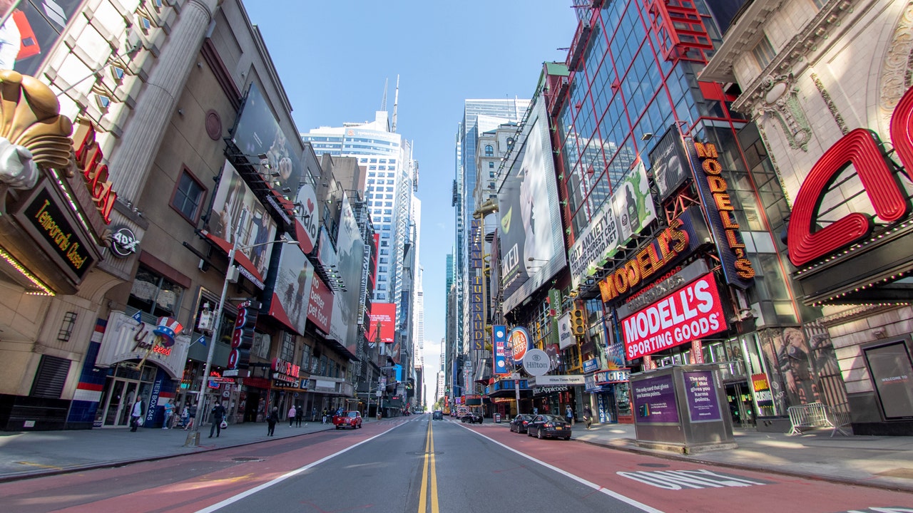 NEW YORK, NEW YORK - MAY 07: The view looking east along an empty 42nd street in Times Square amid the coronavirus pandemic on May 7, 2020 in New York City. COVID-19 has spread to most countries around the world, claiming over 270,000 lives with over 3.9 million cases.