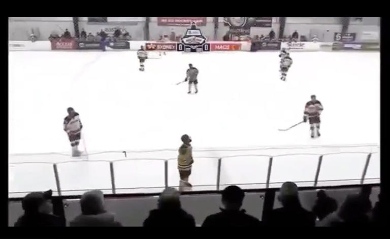 Announcer shrieks with terror as hockey puck flies into the booth