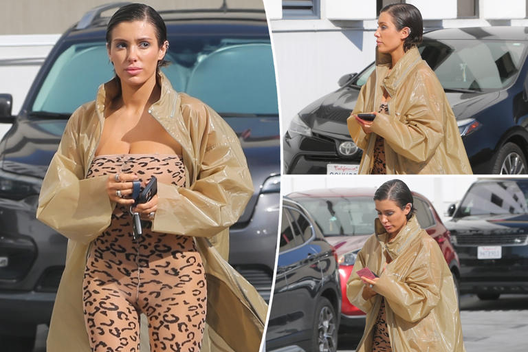 Bianca Censori walks on the wild side in animal-print catsuit and thong ...