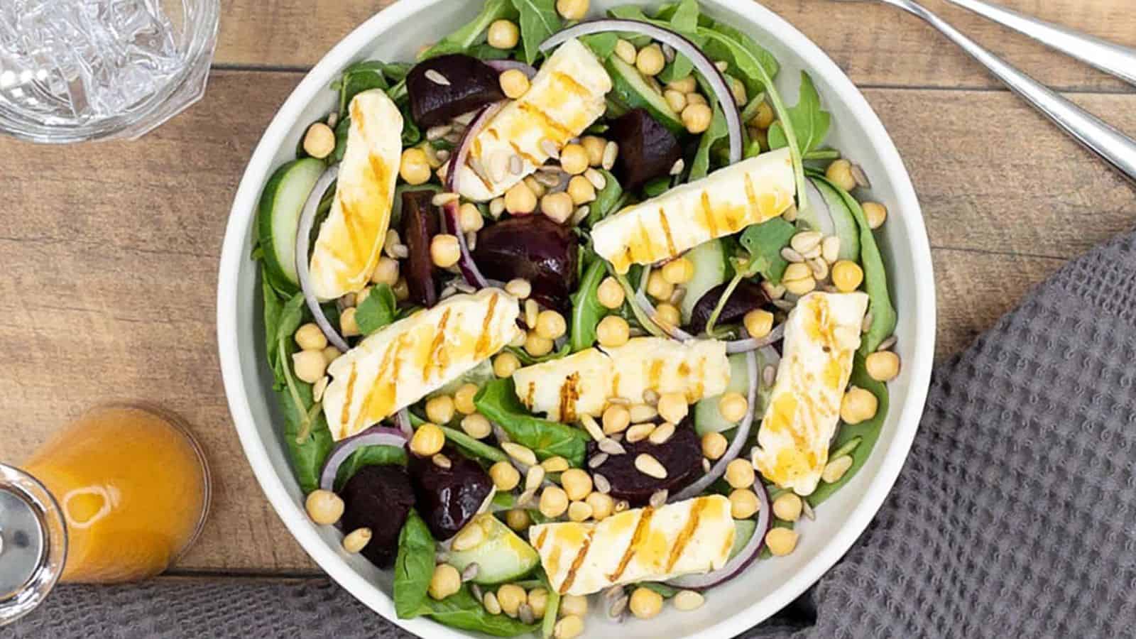 <p>Treat yourself to a satisfying salad experience with Beetroot and Grilled Halloumi Salad! With its vibrant colors and hearty ingredients, this salad is as visually appealing as it is delicious. Whether you’re vegetarian or just looking for a meatless meal option, this salad is sure to satisfy you.<br><strong>Get the Recipe: </strong><a href="https://www.splashoftaste.com/beetroot-and-grilled-halloumi-salad/?utm_source=msn&utm_medium=page&utm_campaign=Salad%20obsessed!%2011%20salads%20we%20can't%20stop%20eating%20(seriously!)">Beetroot and Grilled Halloumi Salad</a></p>