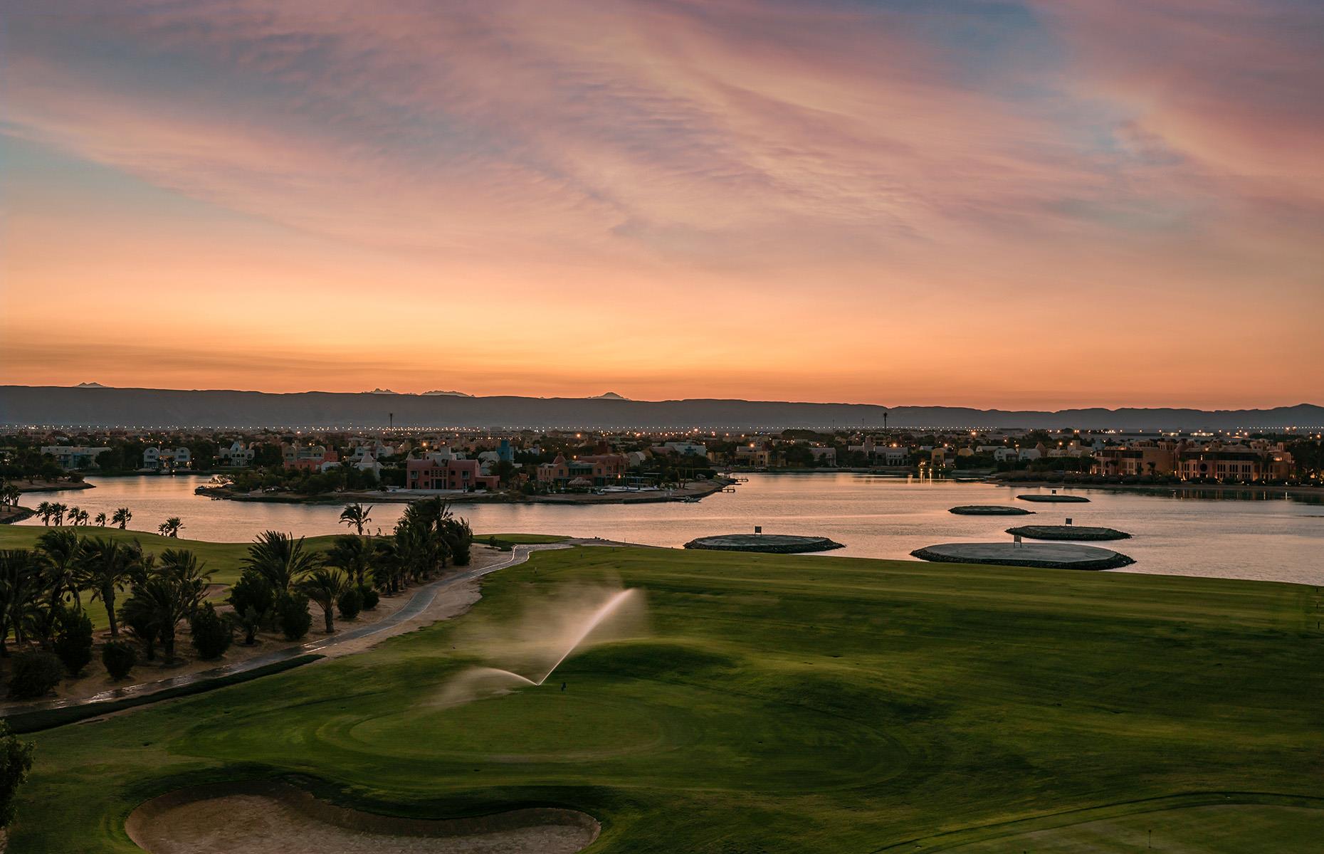 <p>On the golf course (and open to all, regardless of whether you’re staying at this hotel) is the town’s highest viewpoint, the Steigenberger Golf Tower. Sometimes simply called El Gouna Tower, it stands at a relatively lofty 36 feet (11m) and offers 360-degree views from its wraparound deck at the top. Come just before sunset, grab a cocktail from the downstairs bar, and watch the lagoons, islands and elegant villas get drenched in apricot light. You might notice the uniformity – buildings must stick to the 10 official colors, all muted, rich, earthy tones. Pictured is the view from the tower.</p>
