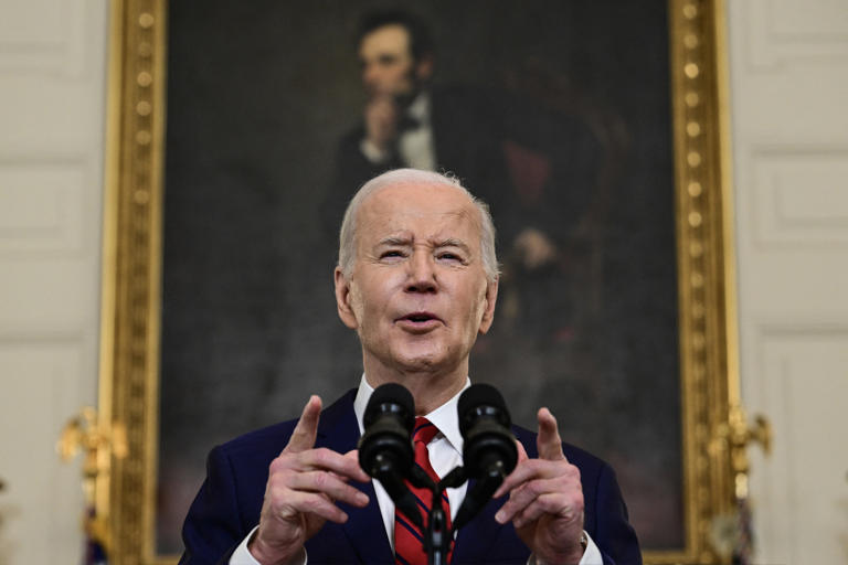 U.S. President Joe Biden speaks after signing a $95 foreign aid bill for Ukraine, Israel, Taiwan and other initiatives at the White House in Washington, DC, on April 24.