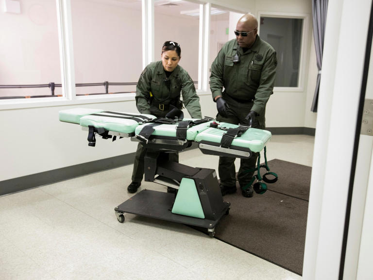 In this photo provided by the California Department of Corrections and Rehabilitation a gurney is removed from the death penalty chamber at San Quentin State Prison, Wednesday, March 13, 2019, in San Quentin, Calif. (AP)