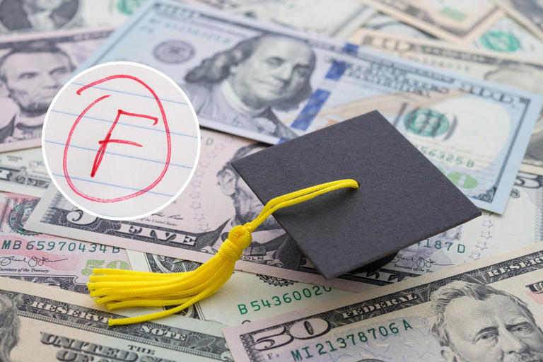A picture shows a representation of student loans and an F grade. A new study has found that student in loan debt are more likely to have bad grades.