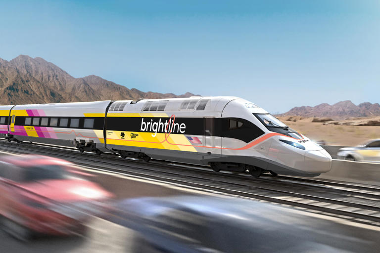 A rendering of the Brightline West high-speed rail under construction in southern California. The California High Speed Rail Authority is planning a statewide project that would connect San Francisco to Los Angeles.