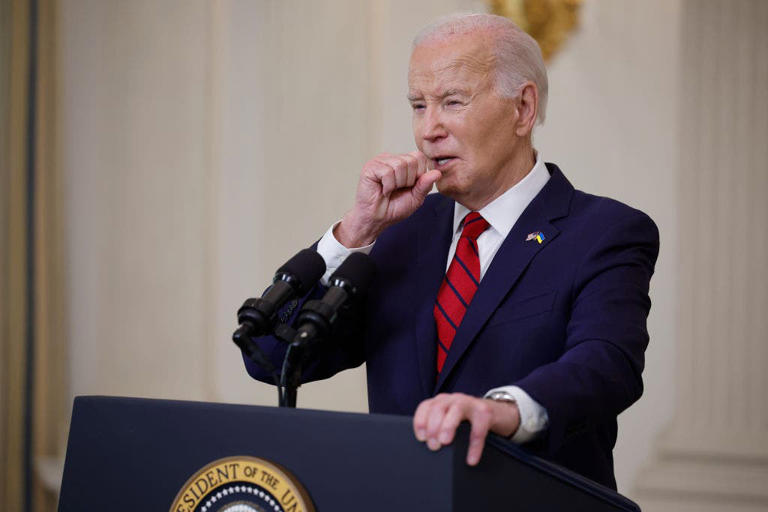 WASHINGTON, DC - APRIL 24: U.S. President Joe Biden delivers remarks after signing legislation giving $95 billion in aid to Ukraine, Israel and Taiwan in the State Dining Room at the White House on April 24, 2024 in Washington, DC. The legislation was months in the making and put Speaker of the House Mike Johnson (R-LA) in a vulnerable position with hardline conservatives in his own party who oppose funding for Ukraine’s defense against Russian invasion. (Photo by Chip Somodevilla/Getty Images)