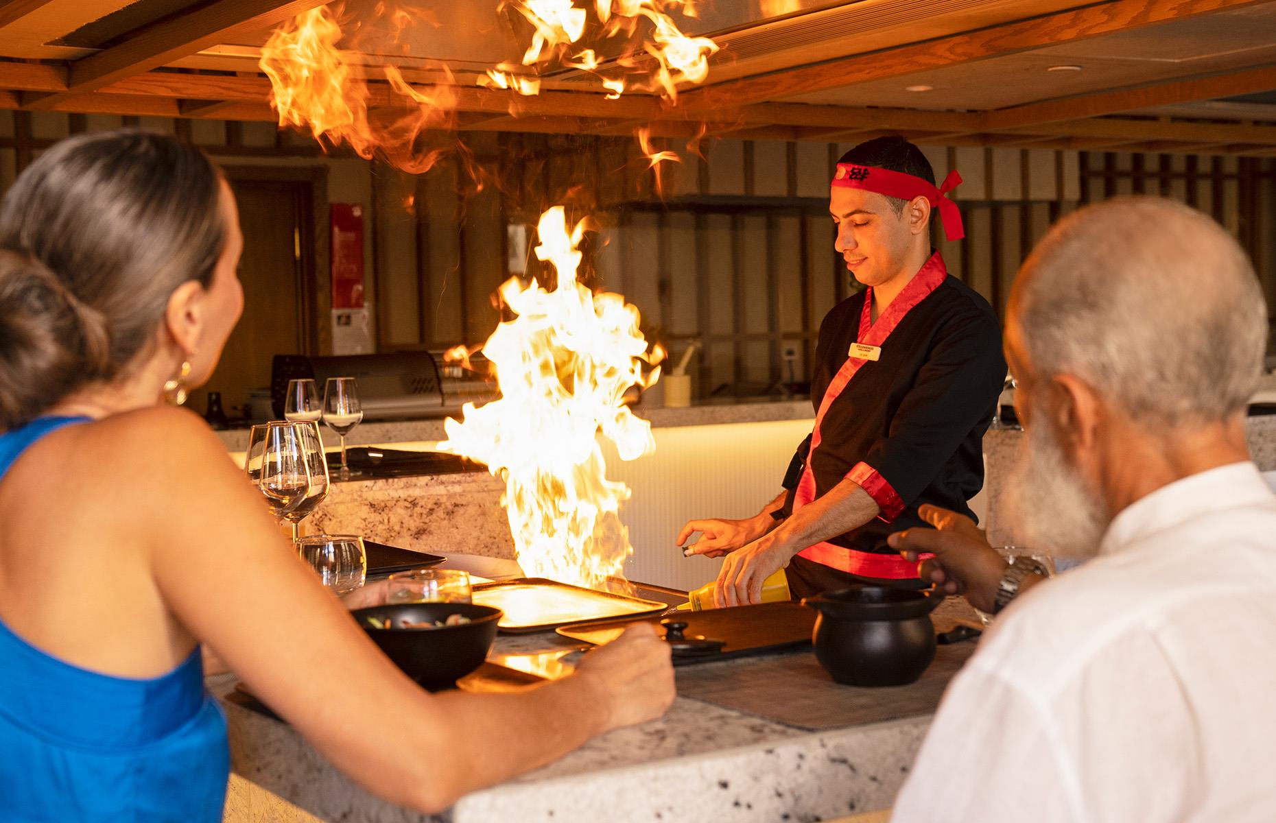 <p>Steigenberger boasts El Gouna’s only teppanyaki restaurant – and it’s well worth booking a table even if you’re staying elsewhere (it’s also included in the Dine Around package). Harumaki’s best seats are around the teppanyaki grill or hot plate, where the chef performs a fiery show complete with lightning-speed chopping, supreme egg-catching skills and some dramatic flambeing. The menu includes salad, soup, a choice of beef tenderloin, seafood, vegetables and chicken, and seasonal fruit flambe with ice cream.</p>