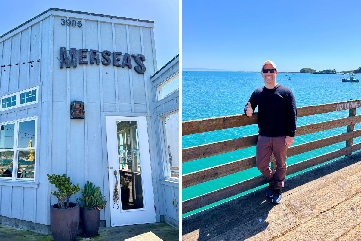 <p><strong>Explore Avila Beach, drive to Cayucos, check into The Pacific Motel, then walk Moonstone Beach in Cambria</strong></p><p>Kick the adventure off by driving straight to <a href="https://www.merseas.com/" rel="nofollow noopener sponsored">Mersea’s</a> for food near Avila Beach. We both got fish tacos – they were so good.</p><p>The restaurant is at the end of a pier. You might also see seals hanging out on the platform (we did). The water is a beautiful blue, and it will take your breath away.</p><p>After eating at Mersea’s, drive to Avila Beach a little down the road. You can access the beach here, and there are a bunch of boutique shops and restaurants.</p><p>Hit the road, drive towards Cayucos, and check into <a href="https://thepacificmotel.com/" rel="nofollow noopener sponsored">The Pacific Motel</a>. If there’s still time in the day, drive a little further north towards Cambria and <a href="https://visitcambriaca.com/itinerary-element/moonstone-beach-boardwalk/" rel="nofollow noopener">walk the Moonstone Beach Boardwalk</a>.  It’s pretty at sunset.</p><p>For dinner, Pablo and I had a wonderful garden patio dinner at <a href="https://www.robinsrestaurant.com/" rel="nofollow noopener sponsored">Robin’s Restaurant</a> in Cambria. When we visited, they served mouthwatering, handcrafted meals and even had gluten-free cheesecake. If you’re road-tripping with your dog, pets are allowed on their darling patio.</p>