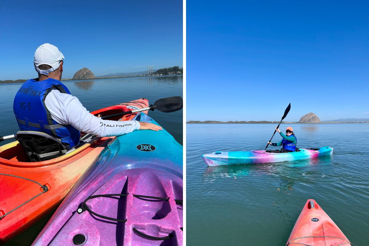 <p><strong>Kayak in Morro Bay</strong> </p><p>If hungry, drive 10 minutes into Los Osos and <a href="https://www.celiasgardencafe.com/" rel="nofollow noopener sponsored">grab breakfast at Celia’s Garden Café</a>. Pablo ordered corned beef hash, and I ordered an omelet. It reminded me of a good old fashion diner breakfast — they give you huge portions of food.</p><p>After breakfast, drive to <a href="https://www.morrobaykayakrental.com/" rel="nofollow noopener sponsored">A Kayak Shack</a> at the Morro Bay State Park Marina. The manager at A Kayak Shack said the best time to paddle is early morning before the winds pick up, so keep that in mind. We did a self-guided trip and cruised around the bay. It was terrific, and we even saw otters.</p><p>Make sure you stay at least eight kayaks length away from the otters so you don’t stress them. If they get stressed, they could have trouble finding food or taking care of their young.</p><p>After kayaking, have lunch at the Bayside Café across from A Kayak Shack. Guess what we had? If you guessed fished tacos – you’re our people.</p>