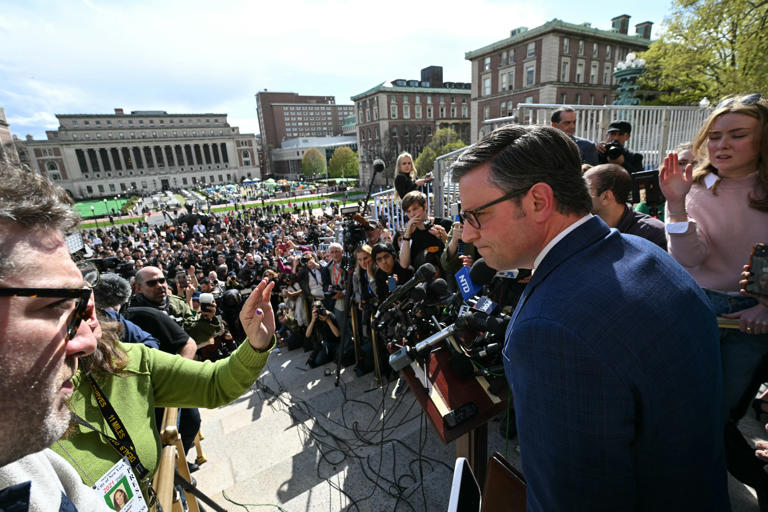 Speaker Mike Johnson takes questions from the media after meeting with Jewish students, as pro-Palestinian students and activists continue to protest the Israel-Hamas war at Columbia University, in New York City on April 24, 2024.