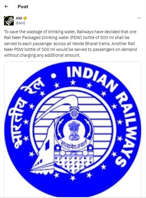 vande bharat passengers to now get 500 ml water bottles, railways announces
