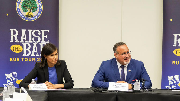Secretary Miguel Cardona and Jessica Rosenworcel, chairwoman of the Federal Communications Commission, during a roundtable discussion at the Johnson County Central Resource Library as part of the Education Department's "Back to School Bus Tour 2023: Raise the Bar" campaign in Overland Park, Kansas, on Sept. 5, 2023. Getty Images