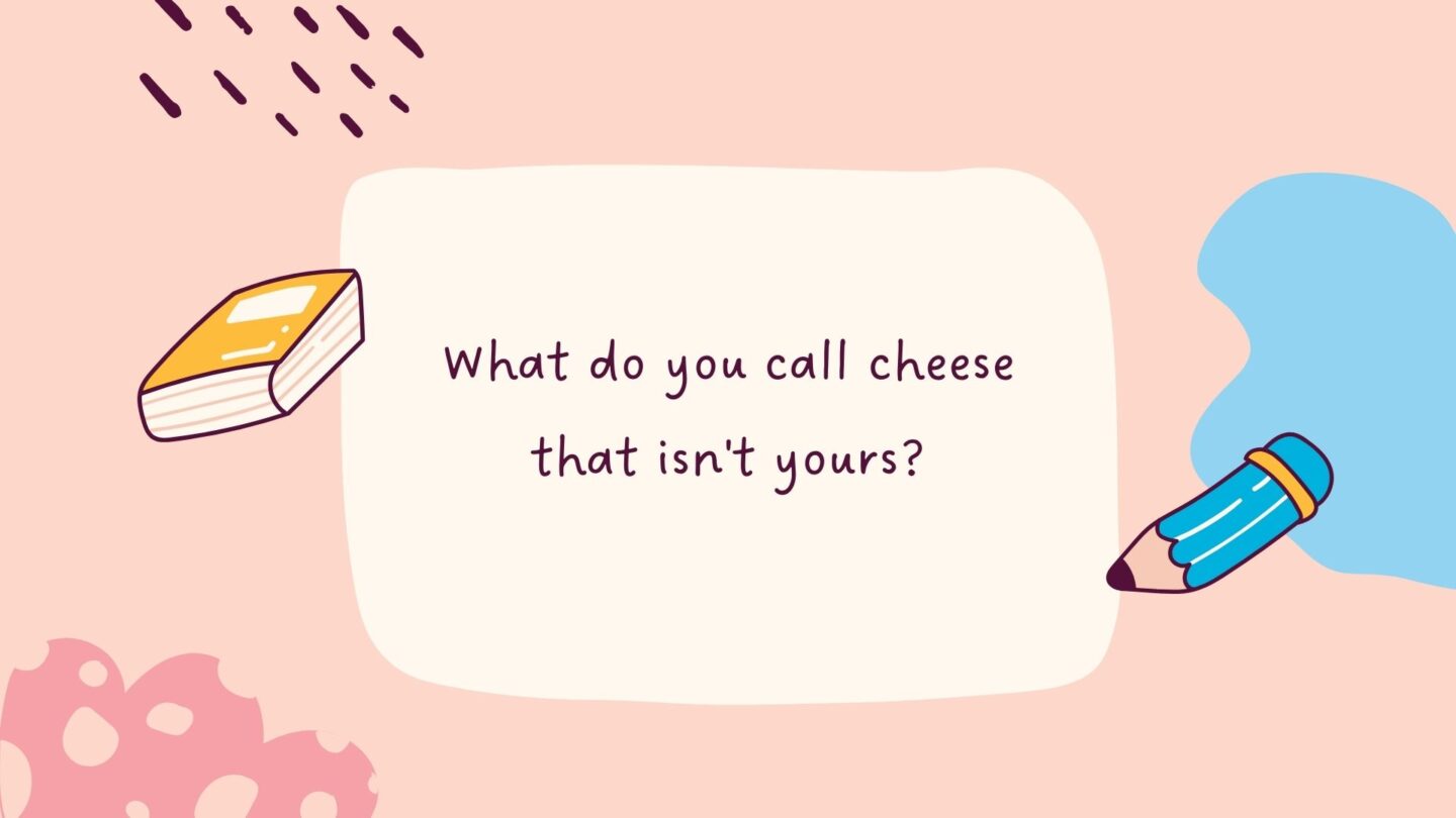 <p>Nacho cheese! The punchline sounds like “not your cheese.” It’s a simple play on words that takes the familiar phrase “not your” and connects it humorously to the word “nacho,” creating a pun based on something not belonging to you.</p>