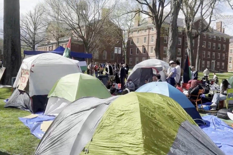 Harvard’s anti-Israel tent camp soaked by sprinklers, as heated ...