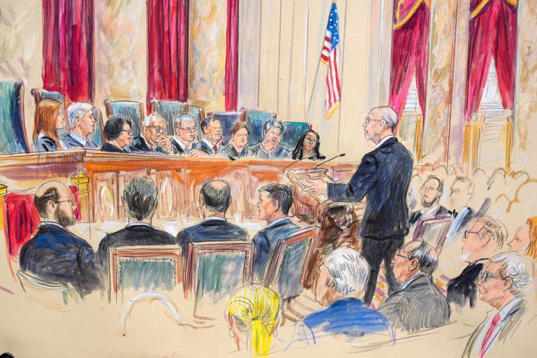 This artist sketch depicts Michael Dreeben, counselor to Special Counsel Jack Smith as he argues before the Supreme Court about whether former president Donald Trump is immune from prosecution.