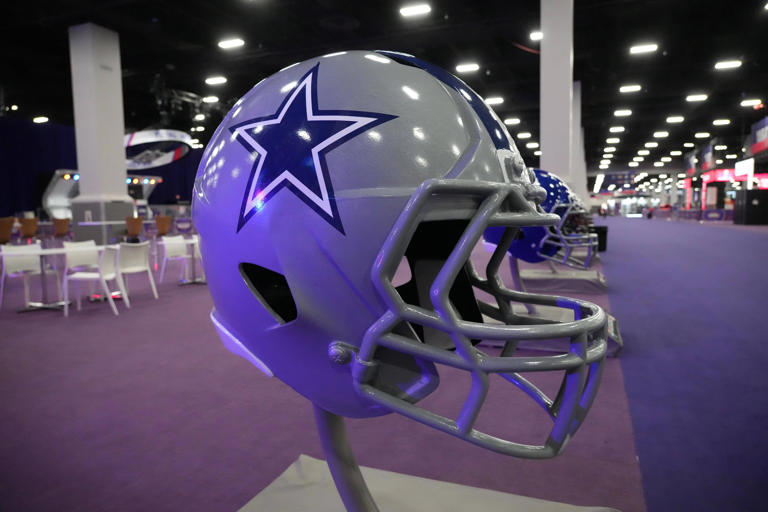 A large Dallas Cowboys helmet at the NFL Experience at the Mandalay Bay South Convention Center.