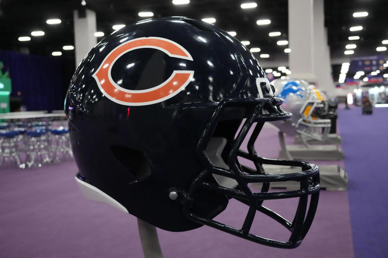A large Chicago Bears helmet at the NFL Experience at the Mandalay Bay South Convention Center.