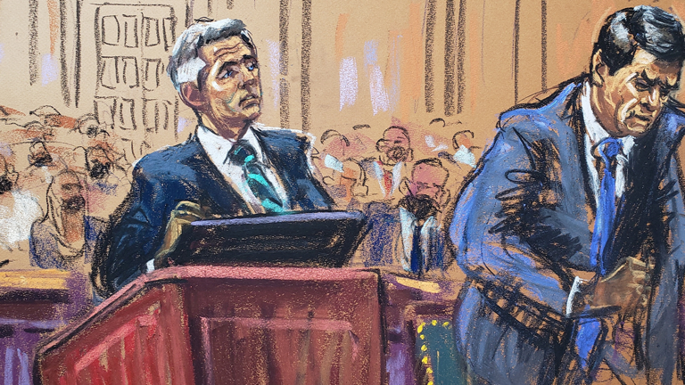 Todd Blanche, lawyer of former U.S. President Donald Trump, speaks from a podium at a hearing next to prosecutor Matthew Colangelo at the Manhattan Federal Court over Trump's push to move his criminal case to federal court, in New York City, U.S. June 27, 2023 in a courtroom sketch. REUTERS/Jane Rosenberg Reuters