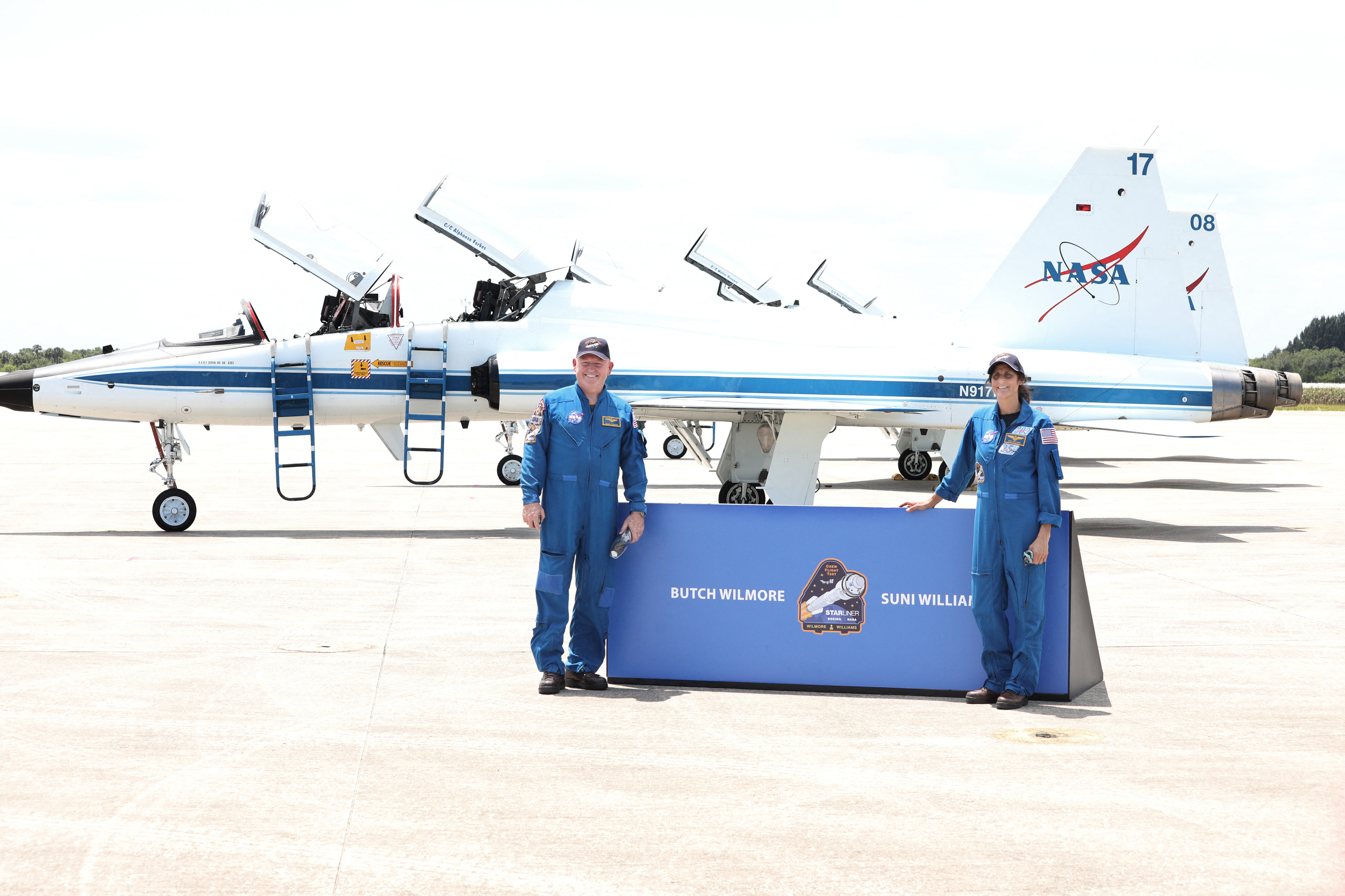 <p>NASA's Boeing Crew Flight Test Commander Butch Wilmore and Pilot Suni Williams prepared to address the media after arriving at the Kennedy Space Center in Cape Canaveral, Florida, in a T-38 jet on April 25, 2024. </p><p>They flew in for a mission aboard the Boeing Starliner that will take them to the International Space Station. </p><p>That launch is set to depart from the Cape Canaveral Space Force Station on May 6, 2024.</p>