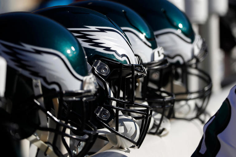 Philadelphia Eagles players' helmets rest on the bench against the Washington Redskins.