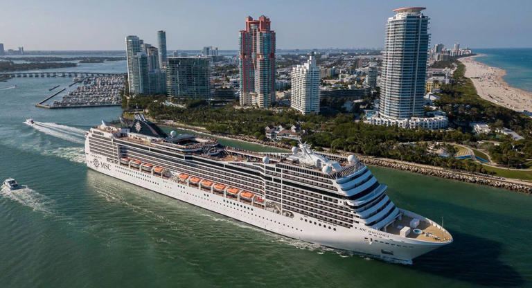 MSC Magnifica passes South Pointe Park as it heads for the open sea on Friday, April 12, 2024, in Miami Beach, Fla.