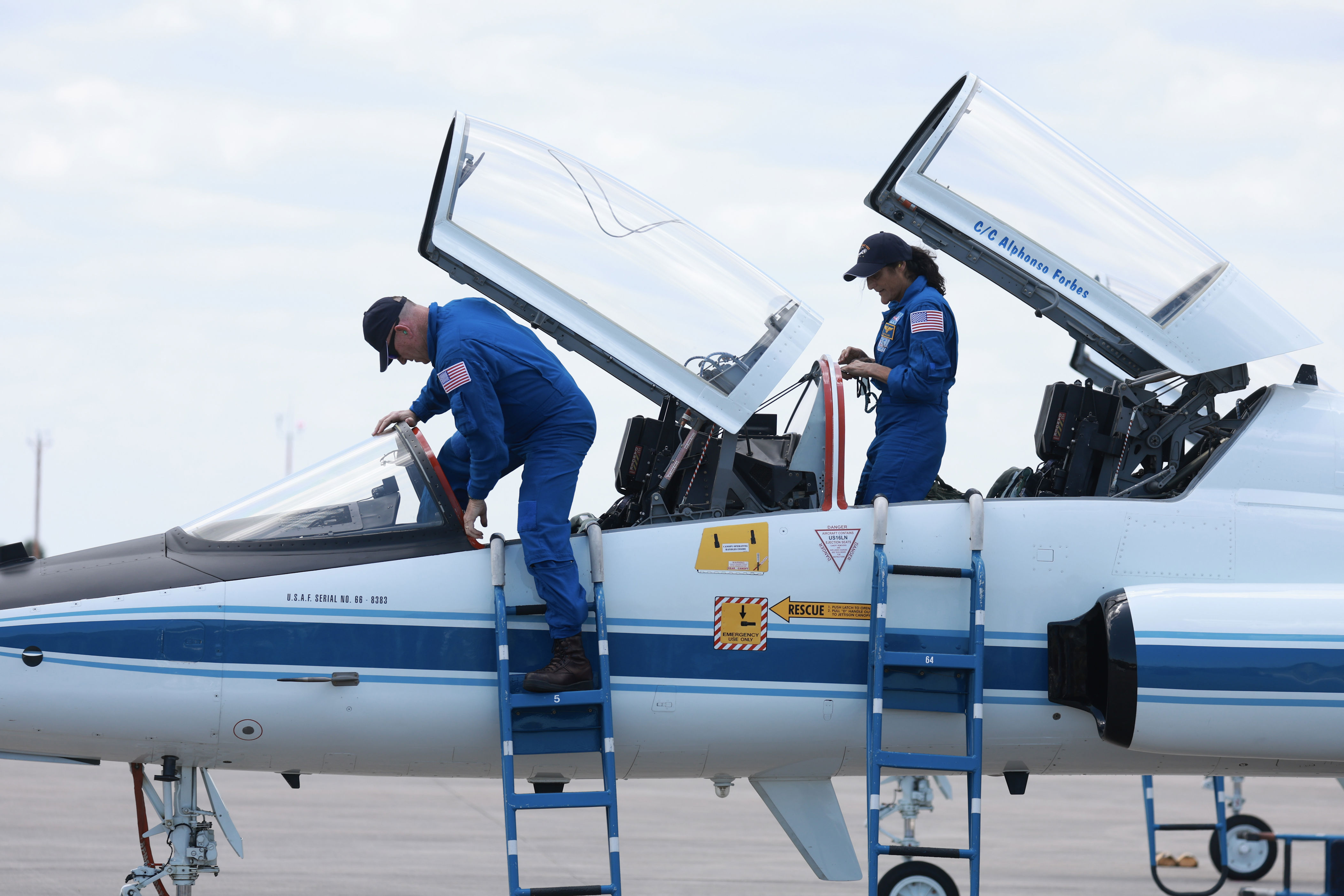 <p>NASA's Boeing Crew Flight Test Commander Butch Wilmore and Pilot Suni Williams arrived at the Kennedy Space Center in Cape Canaveral, Florida, in a T-38 jet on April 25, 2024. </p><p>They flew in for a mission aboard the Boeing Starliner that will take them to the International Space Station. </p><p>That launch is set to depart from the Cape Canaveral Space Force Station on May 6, 2024.</p>