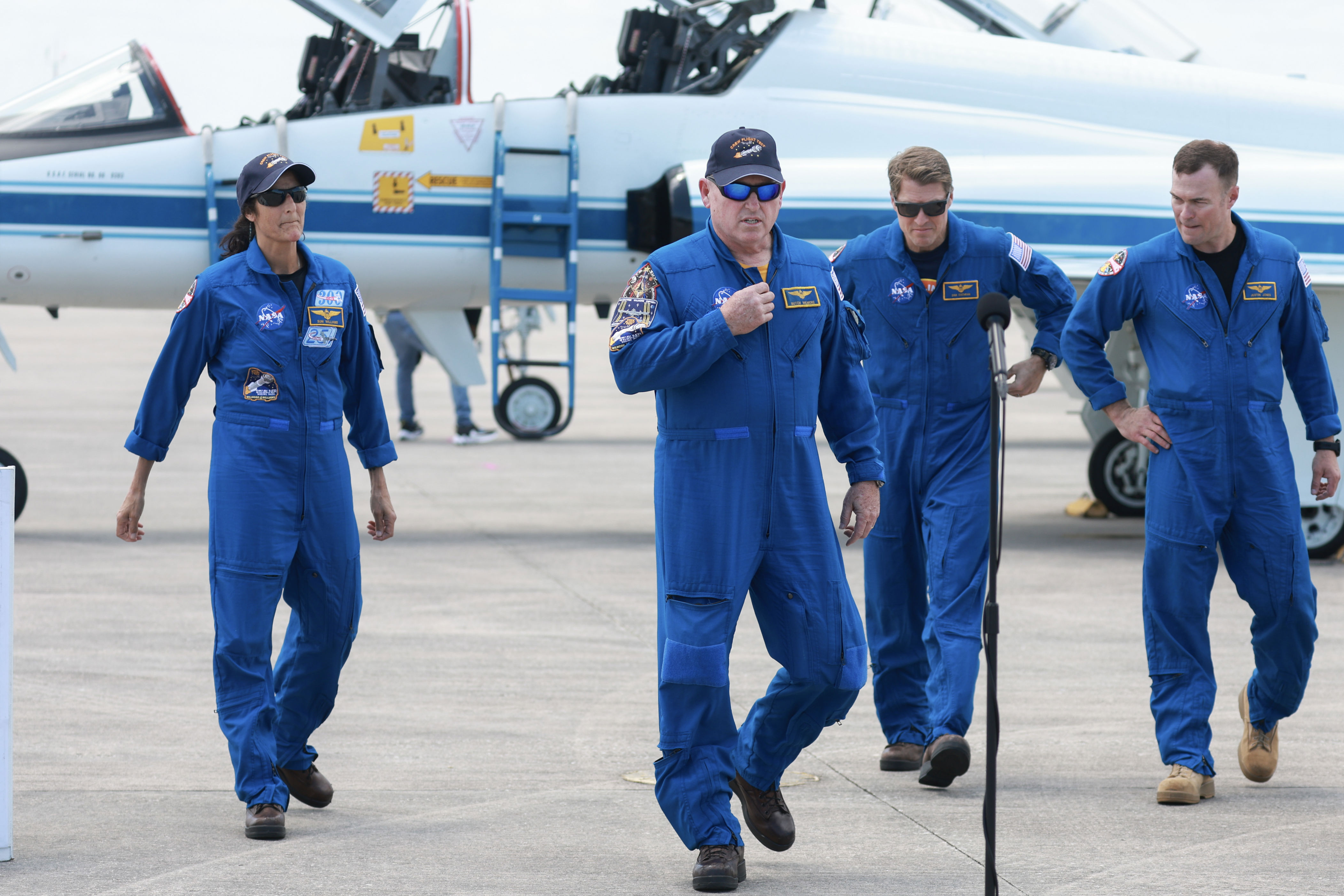<p>NASA's Boeing Crew Flight Test Commander Butch Wilmore and Pilot Suni Williams prepared to address the media after arriving at the Kennedy Space Center in Cape Canaveral, Florida, in a T-38 jet on April 25, 2024. </p><p>They flew in for a mission aboard the Boeing Starliner that will take them to the International Space Station. </p><p>That launch is set to depart from the Cape Canaveral Space Force Station on May 6, 2024.</p><p>MORE: <a href="https://www.wonderwall.com/celebrity/photos/spacex-falcon-9-successfully-launched-a-northrop-cygnus-cargo-spacecraft-to-the-international-space-station-833227.gallery">SpaceX Falcon 9 rocket cargo arrives at International Space Station: All the best launch pictures</a></p>