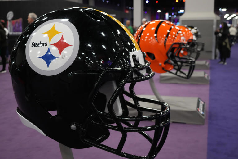 A large Pittsburgh Steelers helmet at the NFL Experience at the Mandalay Bay South Convention Center.