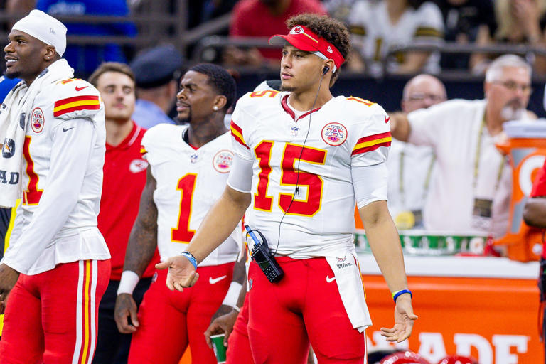 Aug 13, 2023; New Orleans, Louisiana, USA; Kansas City Chiefs quarterback Patrick Mahomes (15) looks on against the New Orleans Saints during the second half at the Caesars Superdome. Mandatory Credit: Stephen Lew-USA TODAY Sports