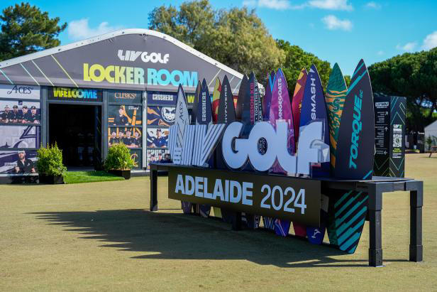 ADELAIDE, AUSTRALIA - APRIL 25: LIV Golf Adelaide signage in the fan zone ahead of LIV Golf at The Grange Golf Club on April 25, 2024 in Adelaide, Australia. (Photo by Asanka Ratnayake/Getty Images)