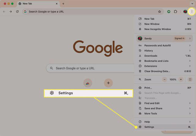 The More menu and Settings option in Chrome
