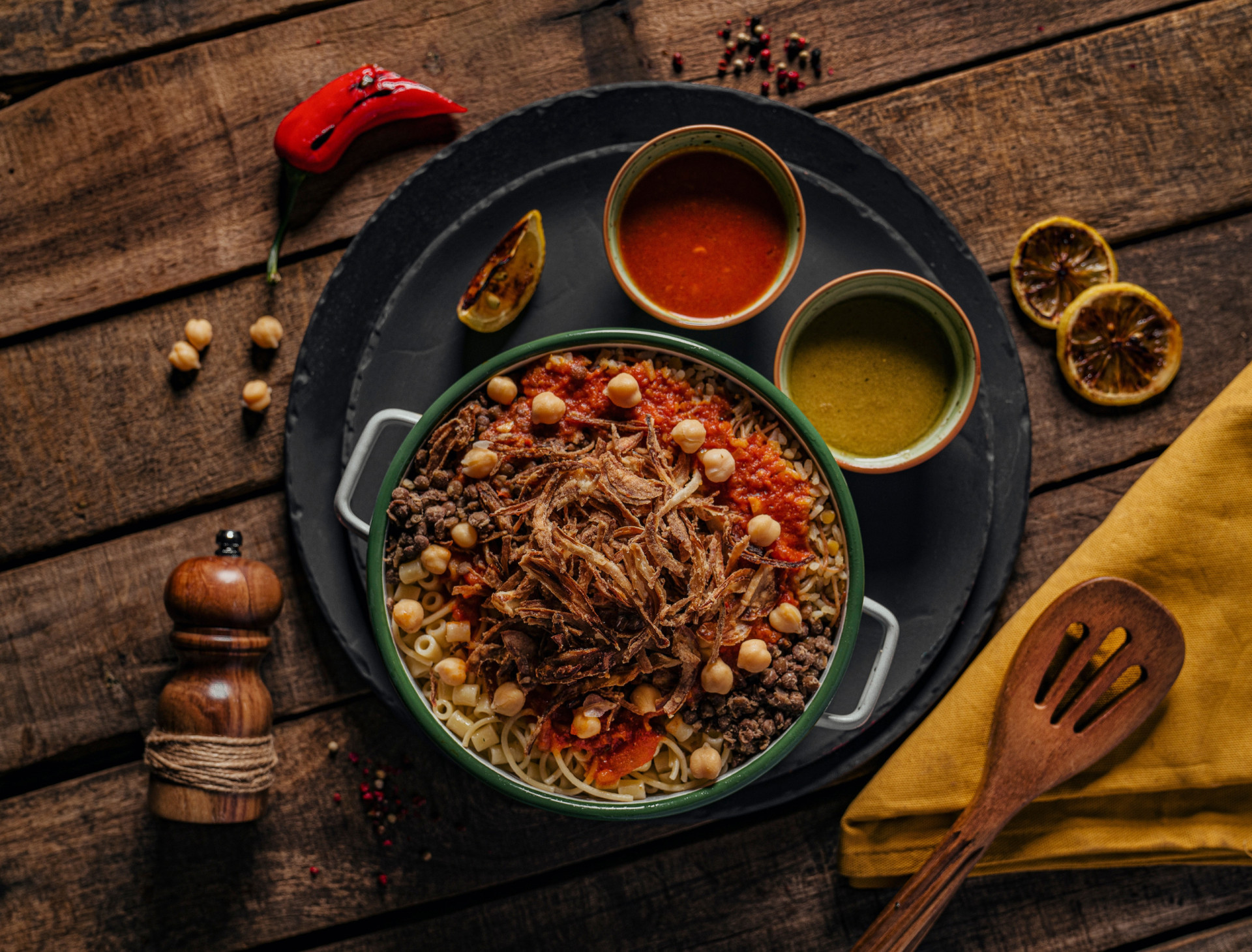 <p><span>Koshari is a simple</span><span> yet hearty street food dish made with layers of rice, lentils, pasta, spicy tomato sauce, and chickpeas. Top with fried onions and garlic.</span></p> <p><span>Sources: (CNN) (African Bites) (Good Food) (Lonely Planet)</span></p> <p><span>See also: <a href="https://www.starsinsider.com/food/422473/must-try-street-food-for-travelers">Must-try street food for travelers</a></span></p>