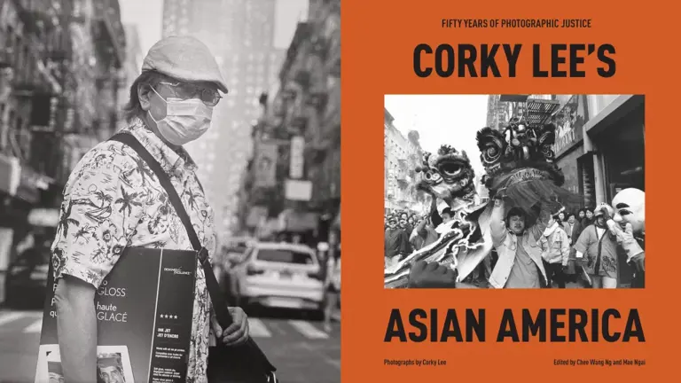Left: Corky Lee at Mott and Bayard Streets in Chinatown during the first year of the Covid-19 pandemic. New York, July 2020. by Edward Cheng. Right: Cover of Corky Lee’s Asian America