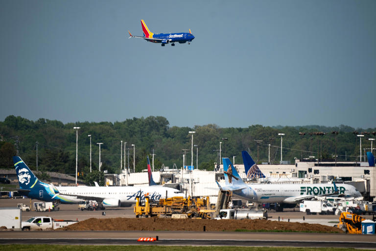 A Southwest Airlines flight lands at Nashville International Airport in Nashville, Tenn., Tuesday, April 23, 2024.