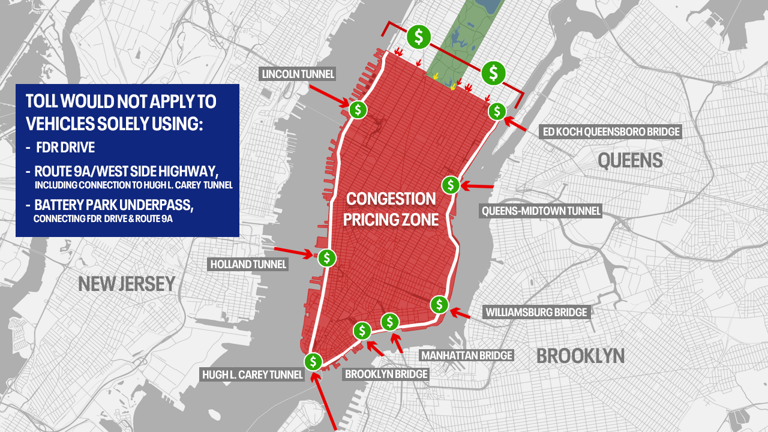 NYC congestion pricing map, costs, hours, exemptions