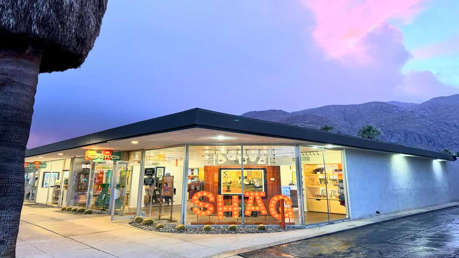 <p><span>745 North Palm Canyon Drive Palm Springs, CA, 92262</span></p><p><span>Shag is a lifestyle brand featuring the work of artist Josh Agle aka Shag. Their exclusive limited edition prints and merchandising consist of whimsical takes of cartoon-like characters in various scenes. Whether it be “goth night” at a local club or “the incognitos” at a pool party at Richard Neutra Kauffman’s desert house, patrons can pick up beach towels, mugs, and coasters as souvenirs from their Palm Springs trip. </span></p>