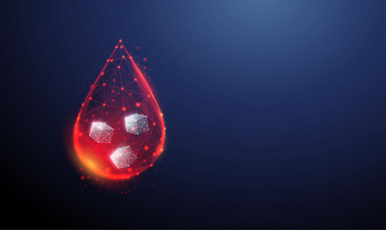 Abstract falling drop of blood with white cubes of sugar inside. Diabetes symbol type1, 2. Low poly style design. Modern 3d concept. Blue geometric background. Wireframe connection structure. Vector