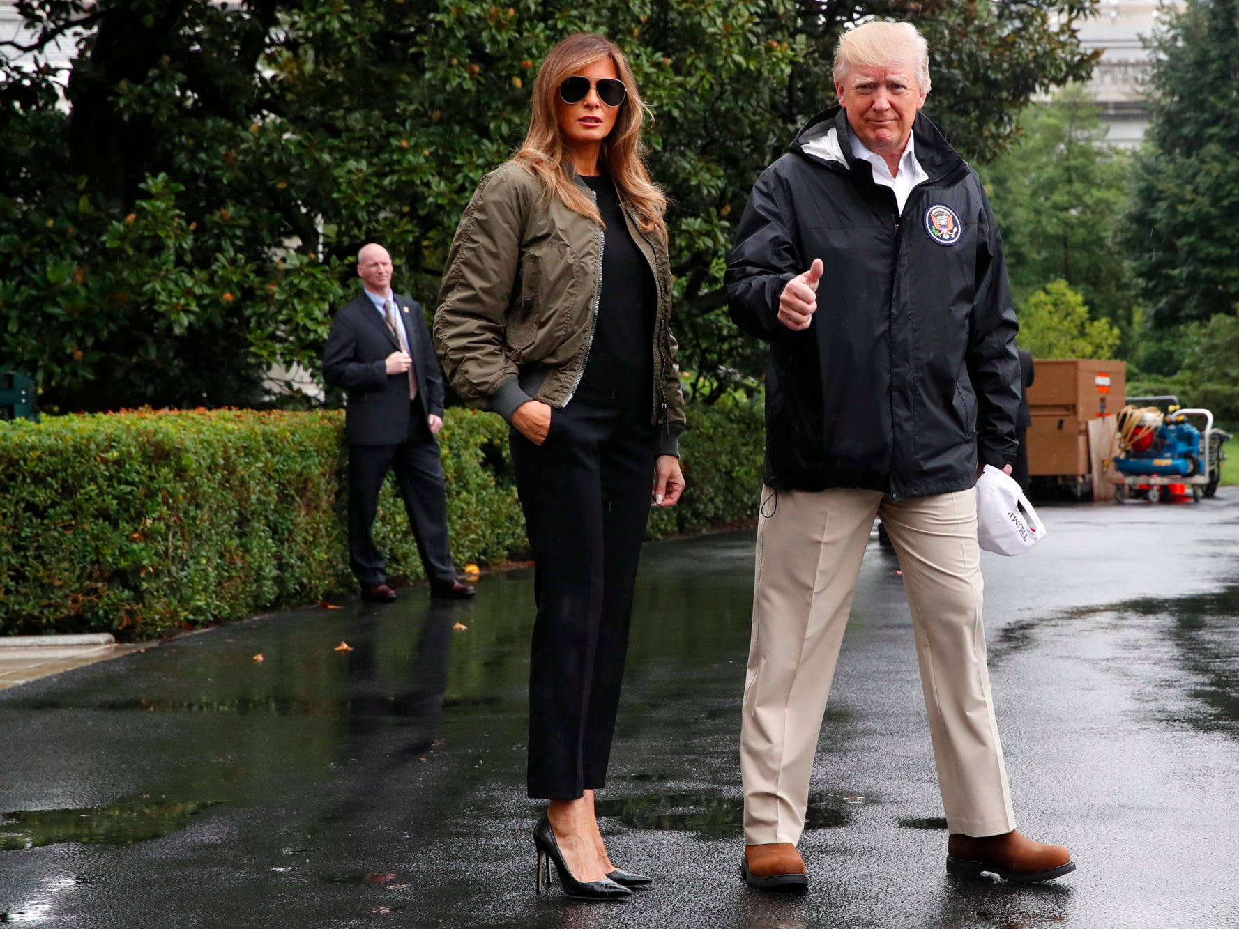 <p>Trump changed into the more sensible footwear — <a href="https://www.businessinsider.com/trump-melania-shoes-heels-stilettos-clothes-2017-10">Timberland work boots</a> — on the plane.</p><p>Donald Trump defended his wife from critics, saying that she had dressed up "out of respect for the White House" and added that she "wants to look good leaving the front entrance."</p>