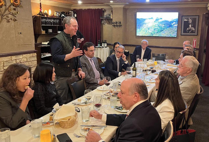 Adam Schiff gives his speech at a Burlingame dinner without a suit on Thursday after thieves broke into his car in San Francisco and took his luggage.