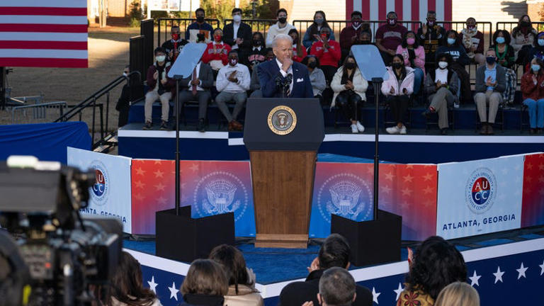 ATLANTA, GA - JANUARY 11: U.S. President Joe Biden speaks to a crowd at the Atlanta University Center Consortium, part of both Morehouse College and Clark Atlanta University on January 11, 2022 in Atlanta, Georgia. Biden and Vice President Kamala Harris delivered remarks on voting rights legislation. Georgia has been a focus point for voting legislation after the state voted Democratic for the first time in almost 30 years in the 2020 election. As a result, the Georgia House passed House Bill 531 to limit voting hours, drop boxes, and require a government ID when voting by mail.