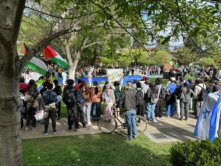 Stanford students returned to White Memorial Plaza Thursday evening to erect a “People’s University for Palestine” encampment after an earlier tent city was dismantled in February.