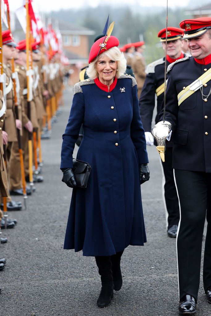 <p>Queen Camilla visited The Royal Lancers regiment, her first visit since being appointed as their Colonel-in-Chief. <a href="https://www.townandcountrymag.com/society/tradition/a43497855/queen-camilla-parker-bowles-family-tree/">Her father, Major Bruce Shand</a>, served with the 12th Lancers during World War II.</p>