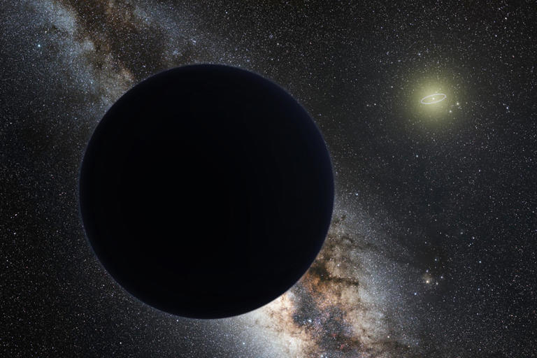 Artist's impression of Planet Nine with a star-like Sun in the distance and Neptune's orbit shown as a small ellipse around the Sun. New evidence has been found for this hypothetical planet's existence.
