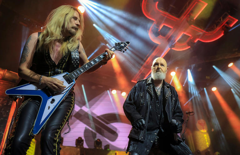Richie Faulkner, left, and Rob Halford of Judas Priest at MGM Music Hall at Fenway in 2022. The band returned there Thursday night.