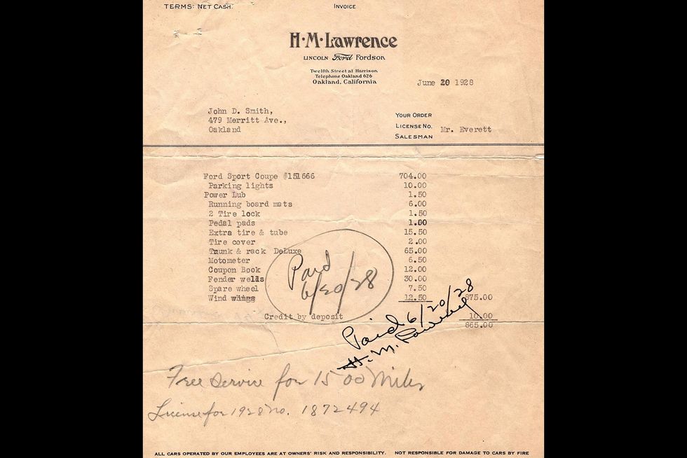 check out the original invoice on this 1928 ford model a