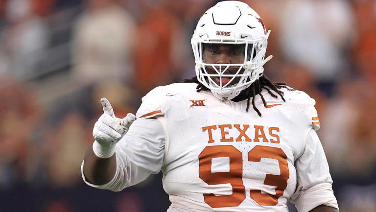 ARLINGTON, TX - DECEMBER 2: Defensive lineman T'Vondre Sweat #93 of the Texas Longhorns looks on against the Oklahoma State Cowboys in the second half of the Big 12 Championship at AT&T Stadium on December 2, 2023 in Arlington, Texas.