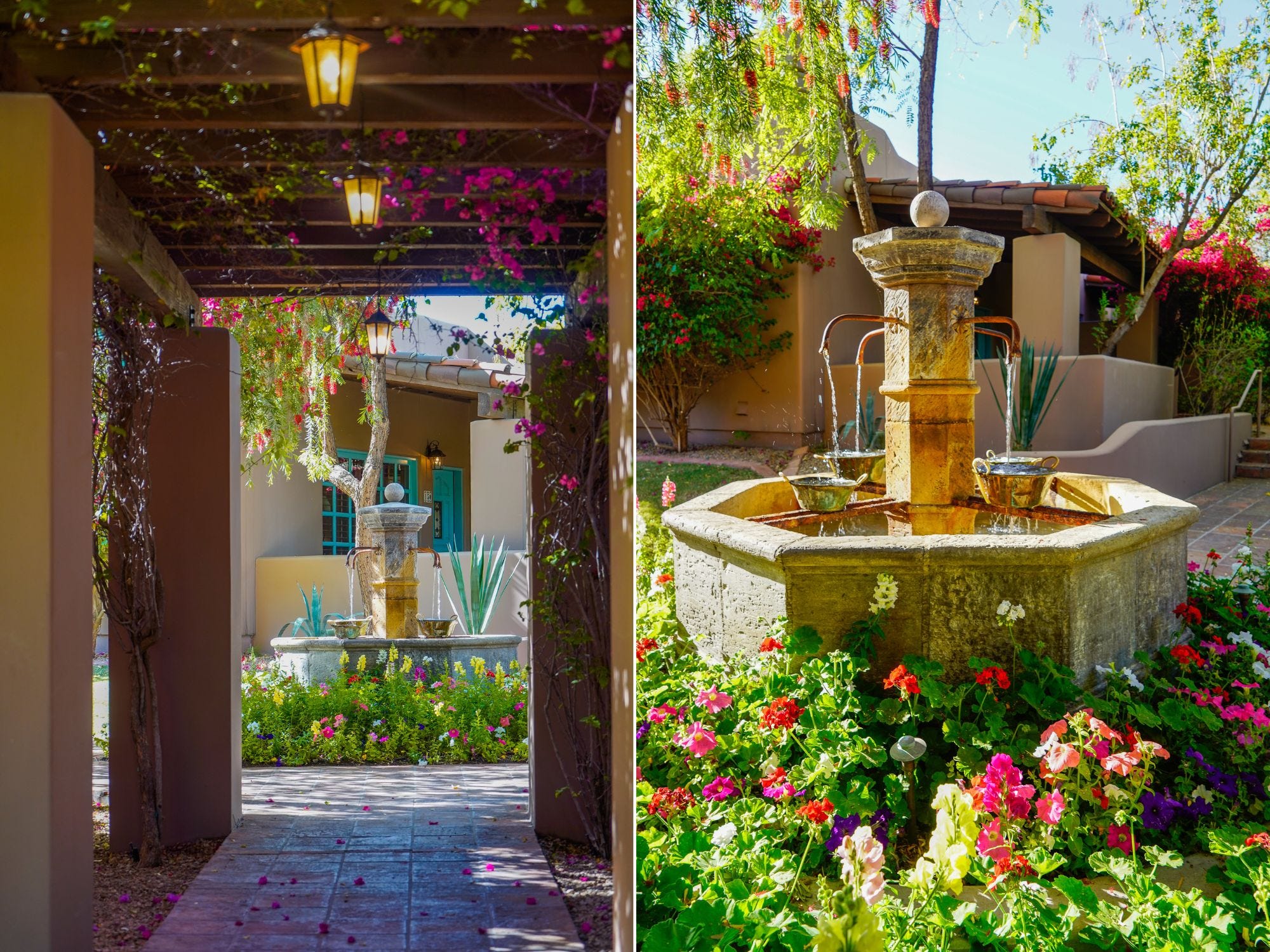 <p>Instead of being in a secluded space like at the Phoenician, the gardens lined the pathways around the resort.</p><p>Guests can access bikes on the property, but I explored on foot.</p><p>It was a peaceful and quiet walk to my room. I passed through archways and spotted fountains and vibrant flower beds.</p>