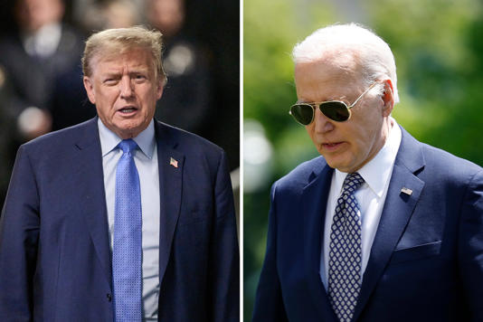 Above to the left, former President Donald Trump speaks to the media at the Manhattan Criminal Court on April 26 in New York City. Above to the right, President Joe Biden returns to the White House on April 26, 2024 in Washington, D.C. Trump currently leads Biden in all battleground states, according to polling averages by FiveThirtyEight.